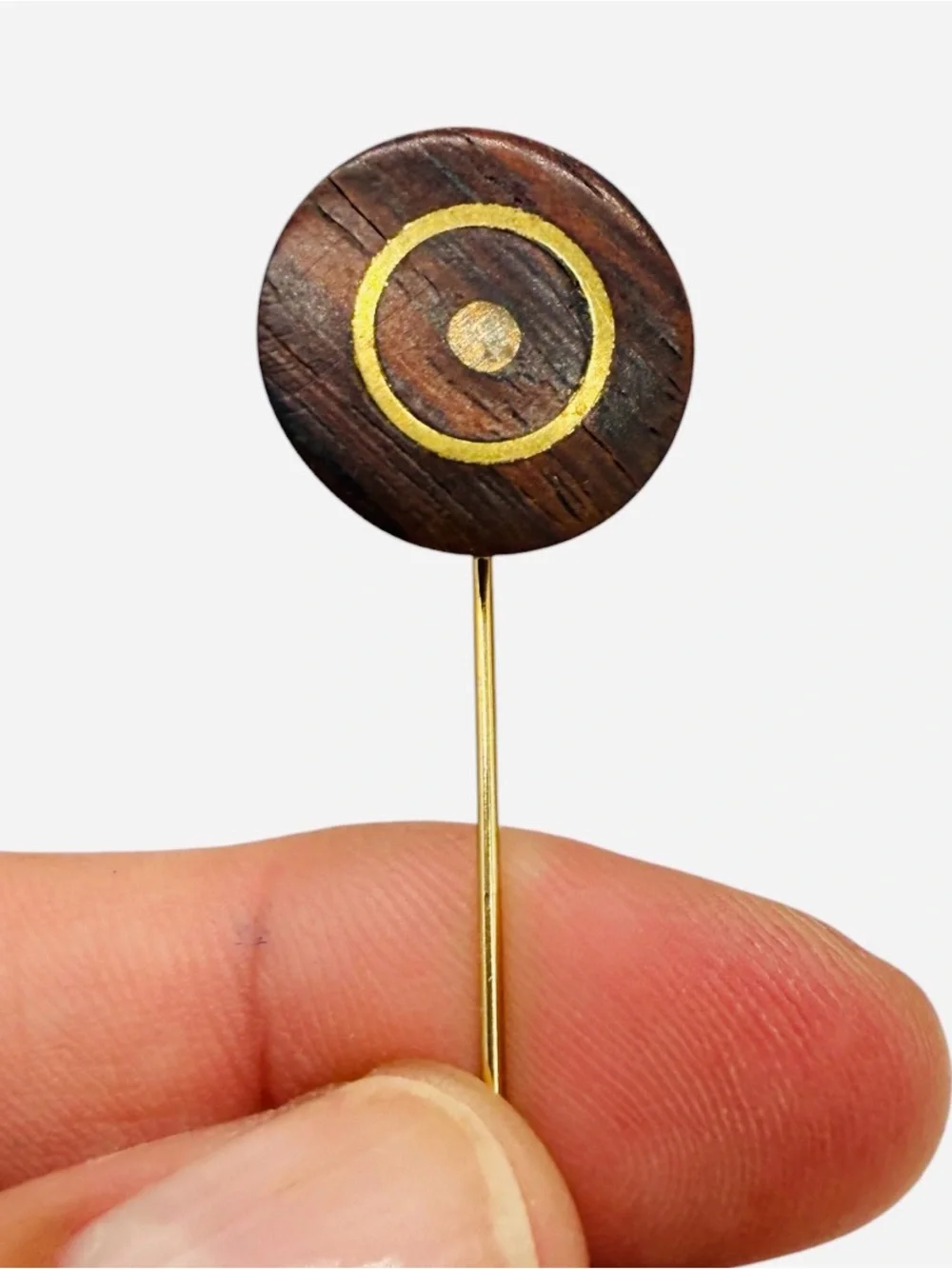 Vintage Brass and Wood Target Motif Stick Pin- Lapel Pin- Geometric Design